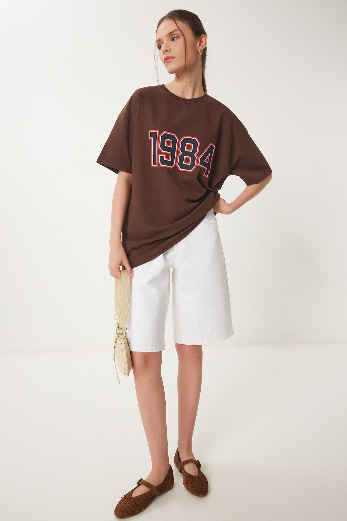 Kahverengi Oversize Baskılı Örme T-Shirt ZV00280