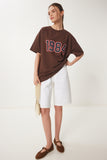 Kahverengi Oversize Baskılı Örme T-Shirt ZV00280