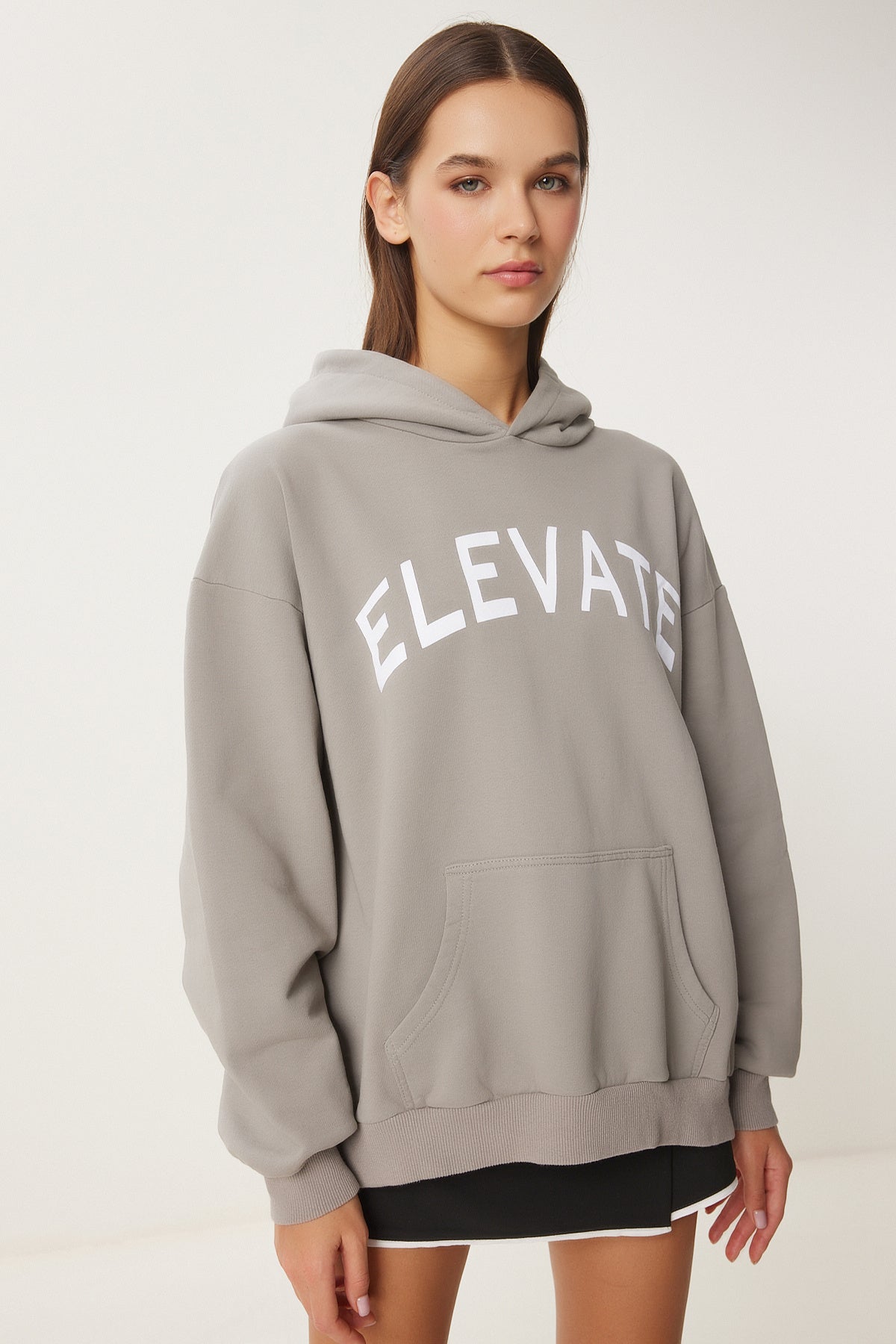 Gri Kapüşonlu Baskılı Oversize Örme Sweatshirt CE00095