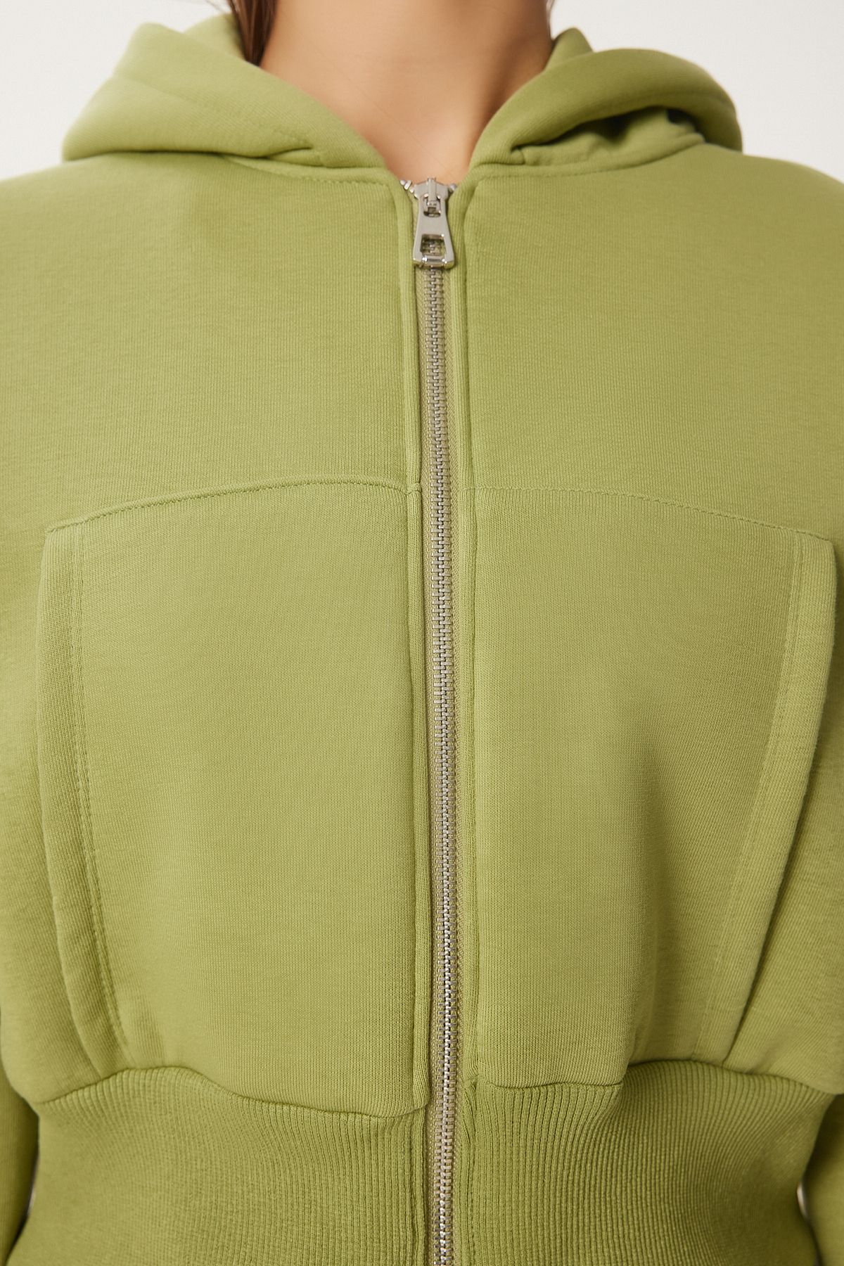 Fıstık Yeşili Kapüşonlu Şardonlu Fermuarlı Sweatshirt OW00051