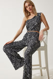 Siyah Beyaz Desenli Örme Crop Bluz Palazzo Takım MC00260