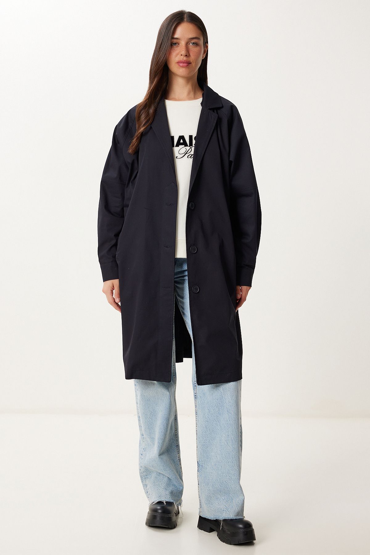 Siyah Oversize Dokuma Trençkot FG00054