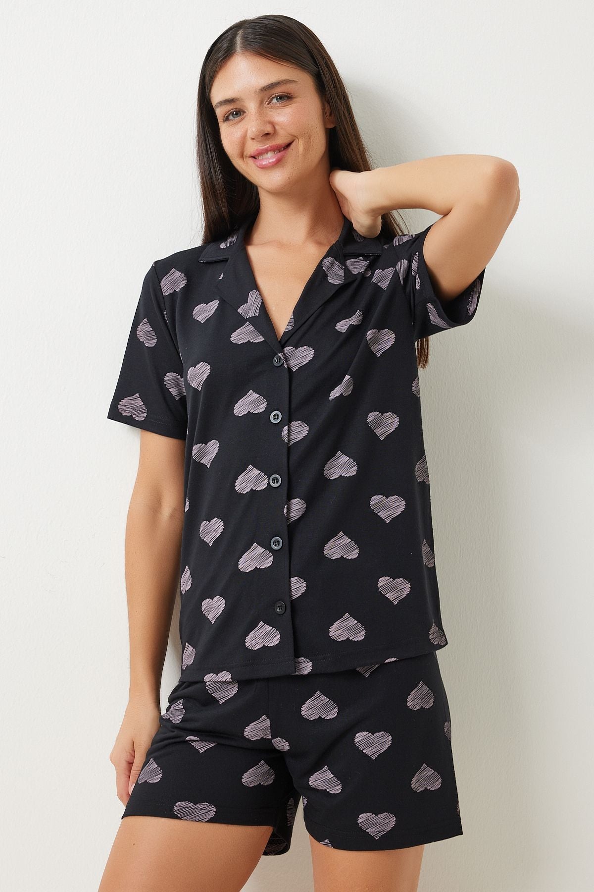Siyah Kalpli Gömlek Şort Pijama Takımı EC00041