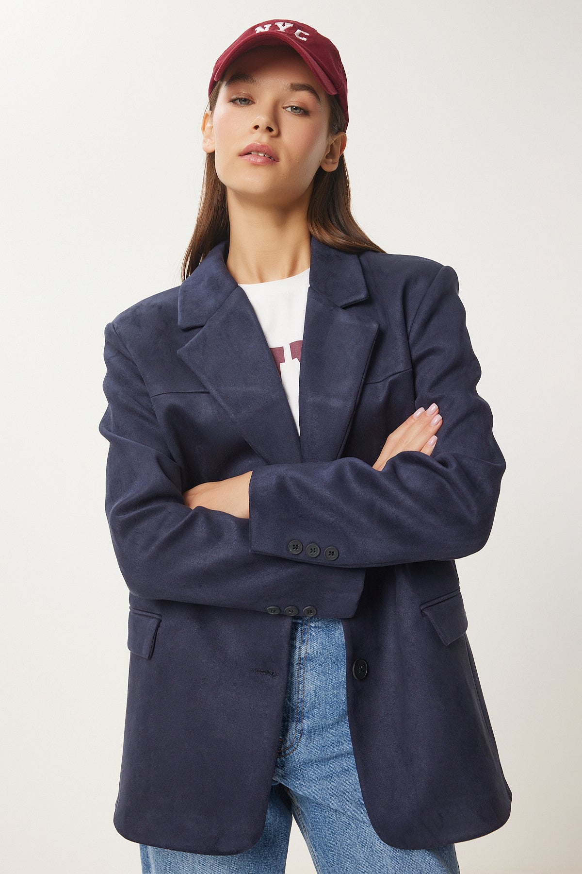 Koyu Lacivert Premium Süet Blazer Ceket FN03443
