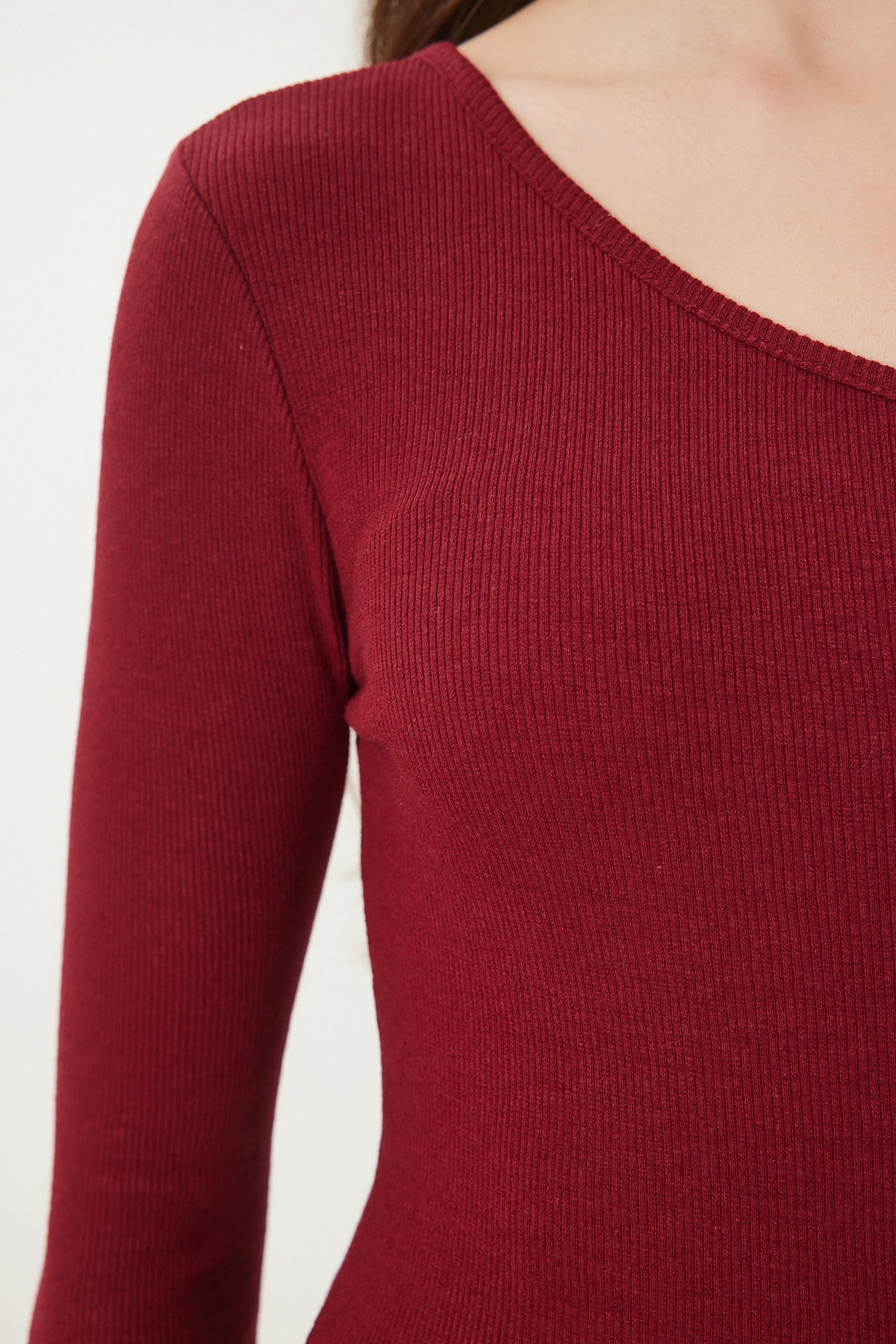 Bordo Açık Omuzlu Fitilli Örme Bluz TG00011
