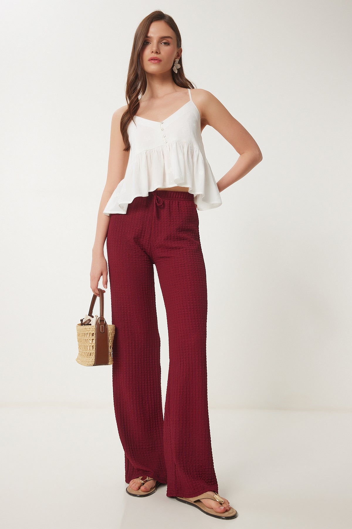 Bordo Dokulu Geniş Paça Yazlık Örme Pantolon ZV00272