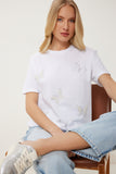 Beyaz İncili Kelebek Taşlı Örme T-Shirt MP00033