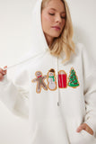 Ekru Yılbaşı Temalı Kapüşonlu Şardonlu Örme Sweatshirt TQ00001