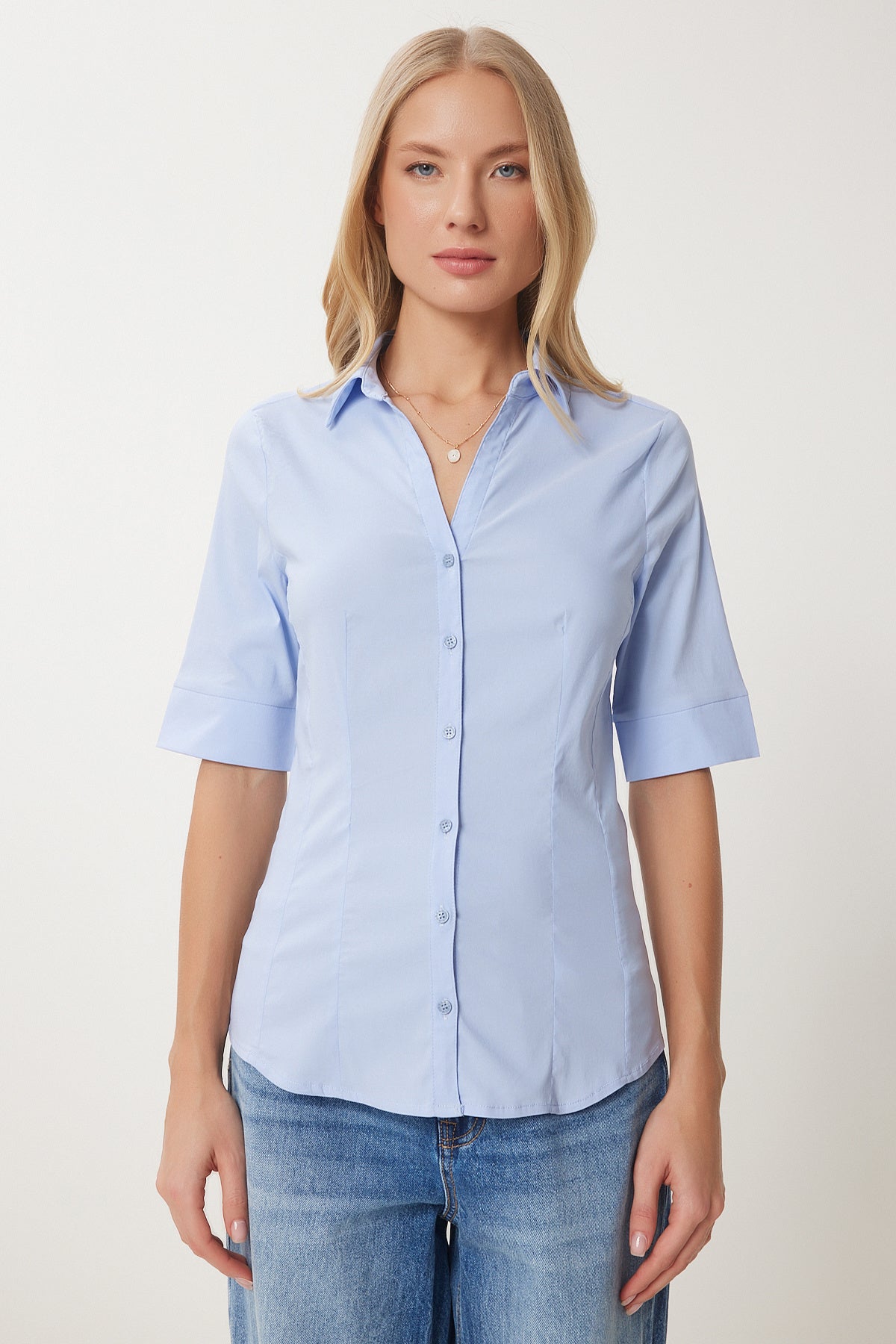 Gök Mavi Pensli Basic Poplin Gömlek WF00095