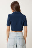 Lacivert Polo Yaka Crop Ayrobin Bluz WF00136