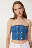 Koyu Mavi Düğme Detaylı Straplez Denim Büstiyer FG00033