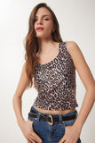 Siyah Bej Leopar Desenli Kolsuz Sandy Bluz AN00225
