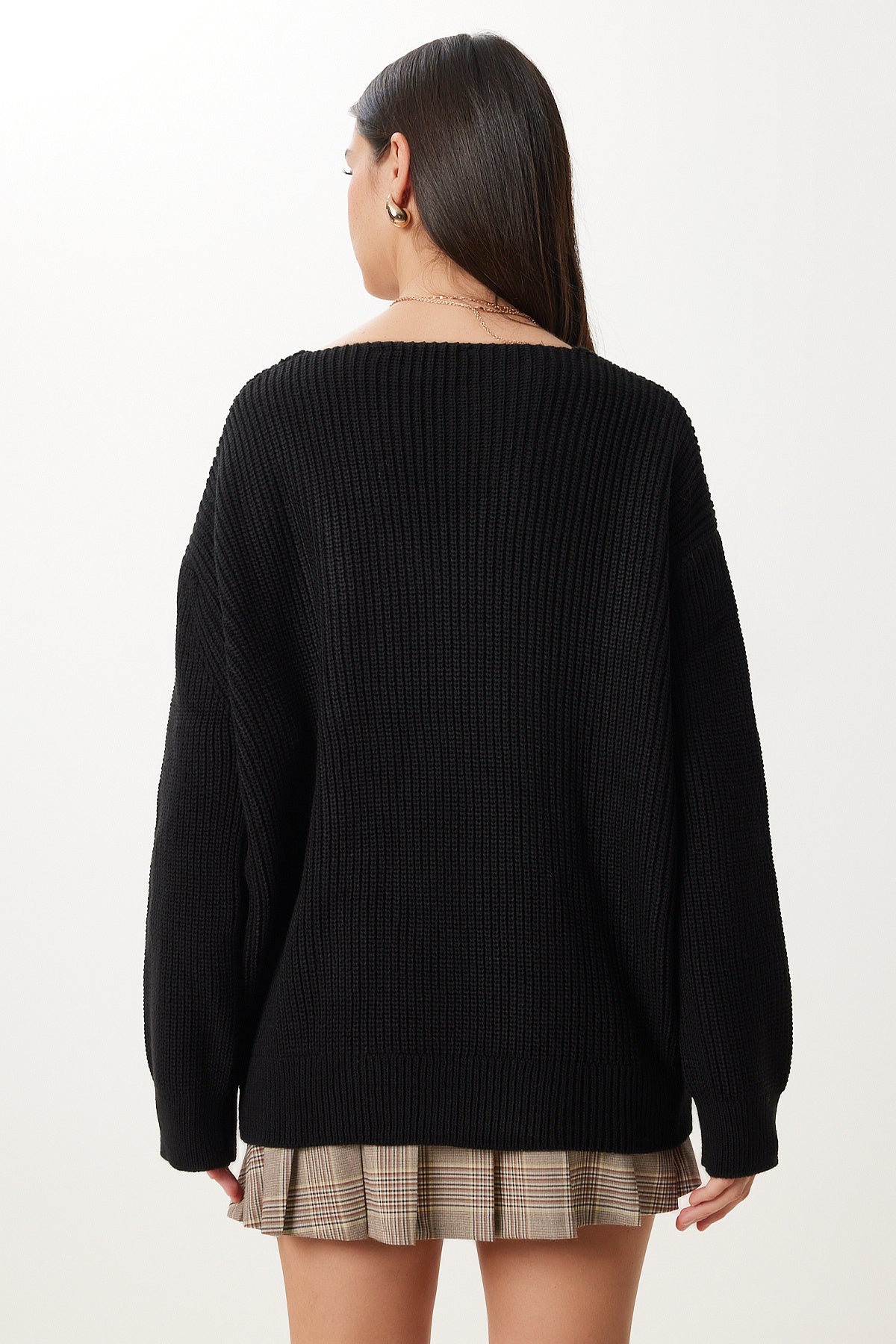 Siyah V Yaka Oversize Basic Triko Kazak MX00130