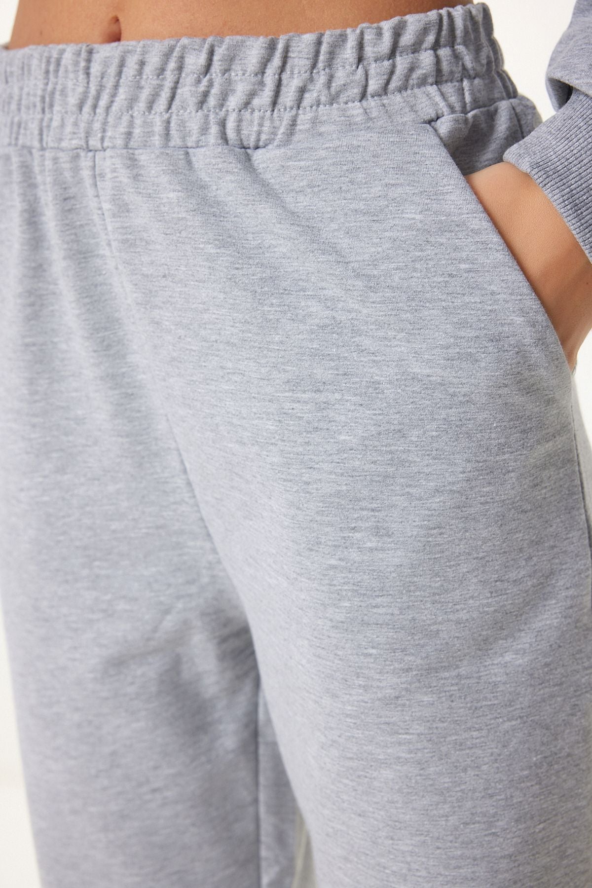 Gri Melanj Bisiklet Yaka Oversize Örme Eşofman Takımı FN03456