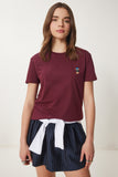 Bordo Ayıcık İşlemeli Pamuklu Örme T-Shirt CR00455