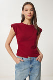 Bordo Vatkalı Asimetrik Örme Bluz CR00480