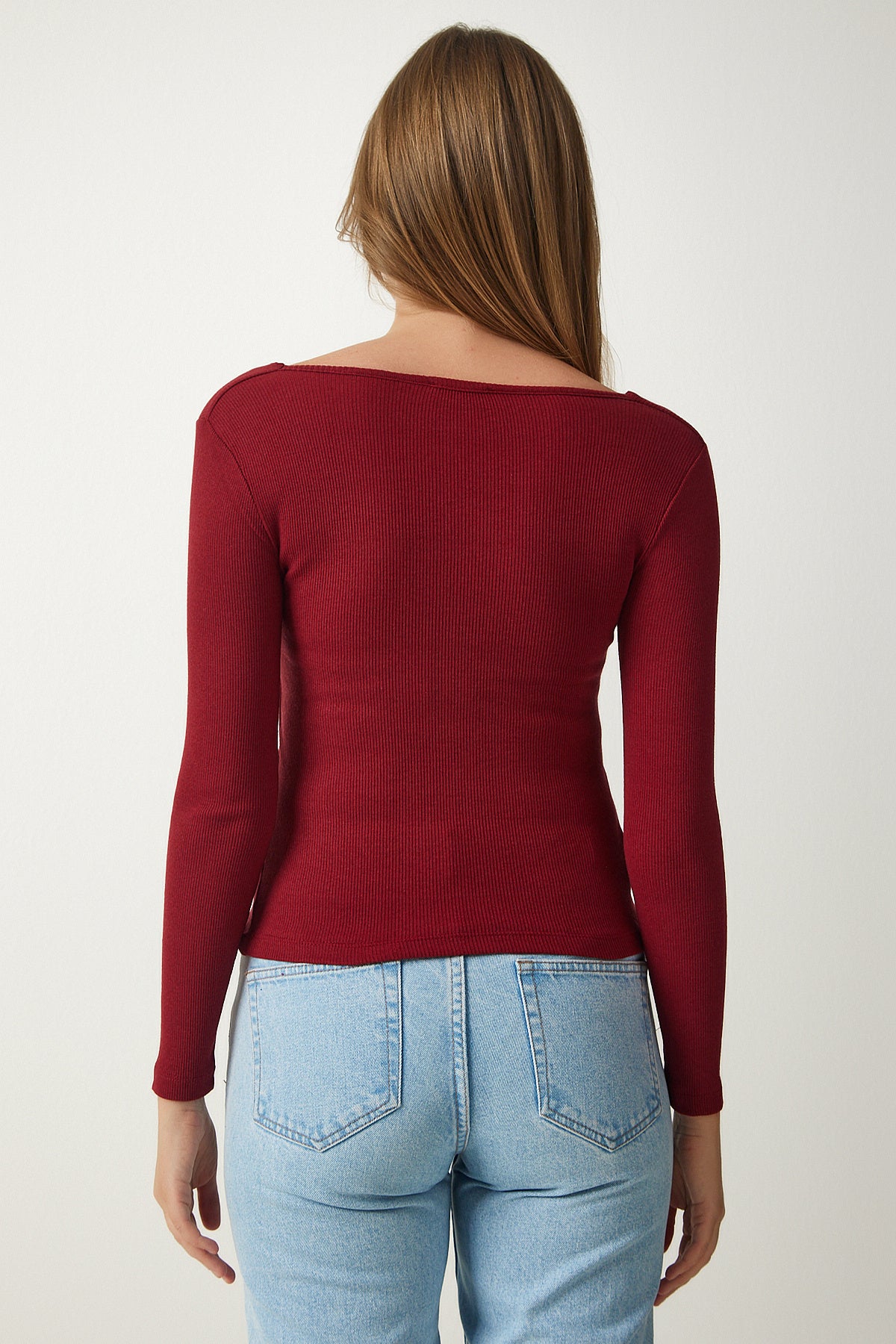 Bordo Kare Yaka Fitilli Örme Bluz GT00052