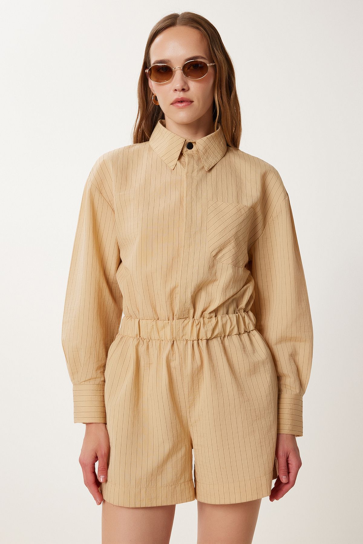 Camel Çizgili Dokuma Mini Şort Tulum WF00128