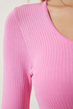 Pembe U Yaka Fitilli Crop Triko Bluz PF00068