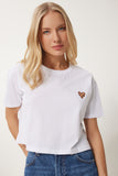Beyaz Kalp Baskılı Pamuklu Kısa Örme T-Shirt AN00224
