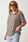 Kahverengi Bisiklet Yaka Çizgili Oversize Örme T-Shirt EN00609