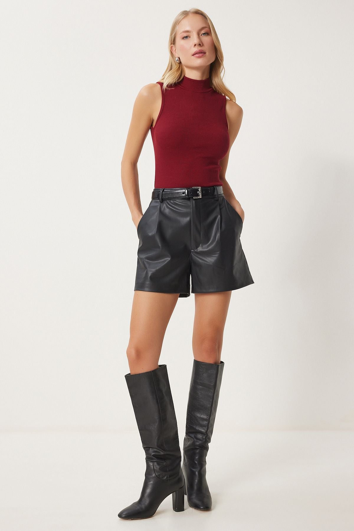 Bordo Boğazlı Pamuklu Örme Bluz GT00004