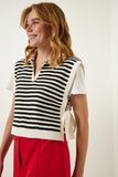Krem Bağlamalı Çizgili Crop Triko Süveter MT00149