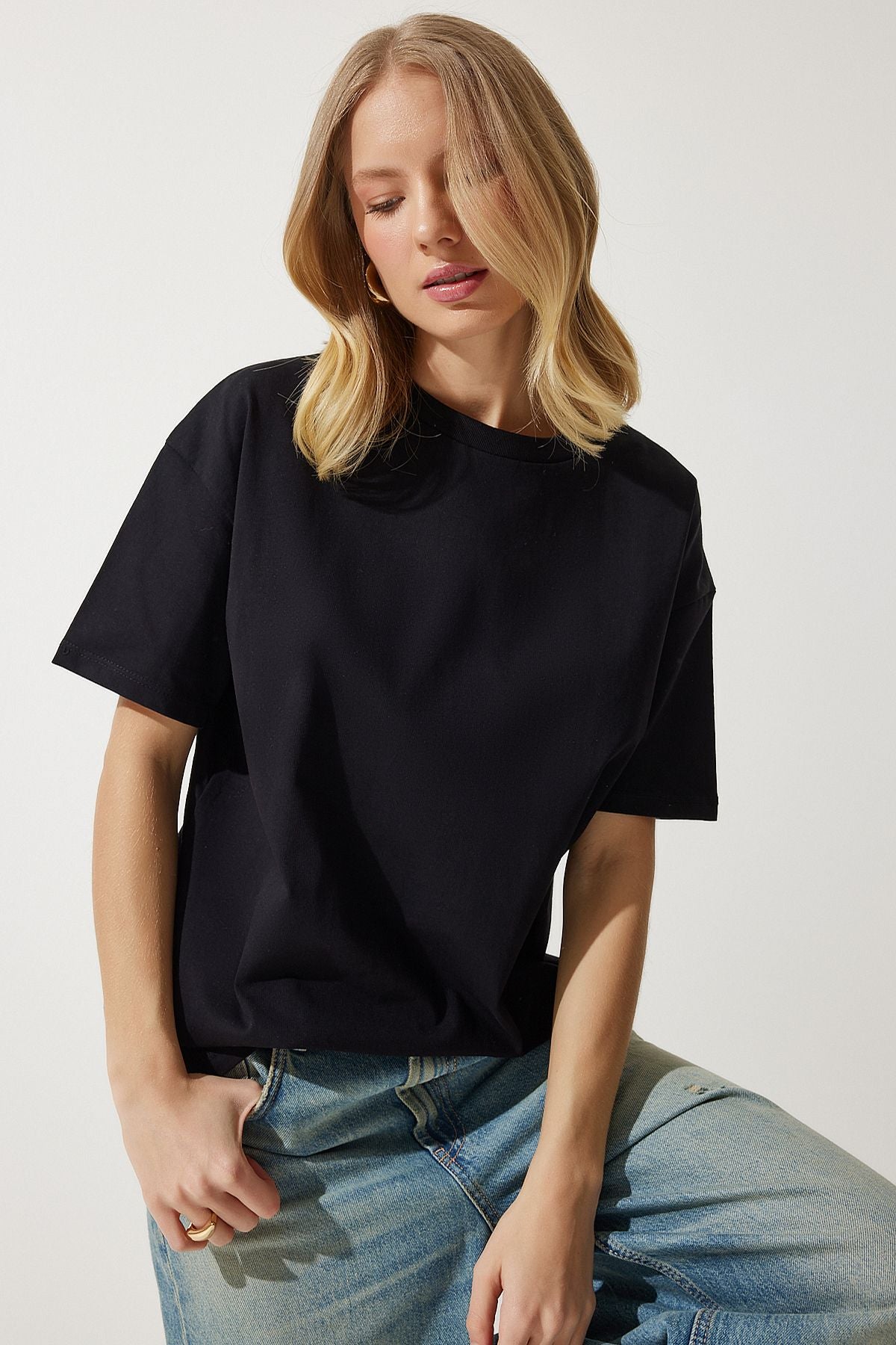 Siyah Bol Basic Pamuklu T-Shirt BP00151