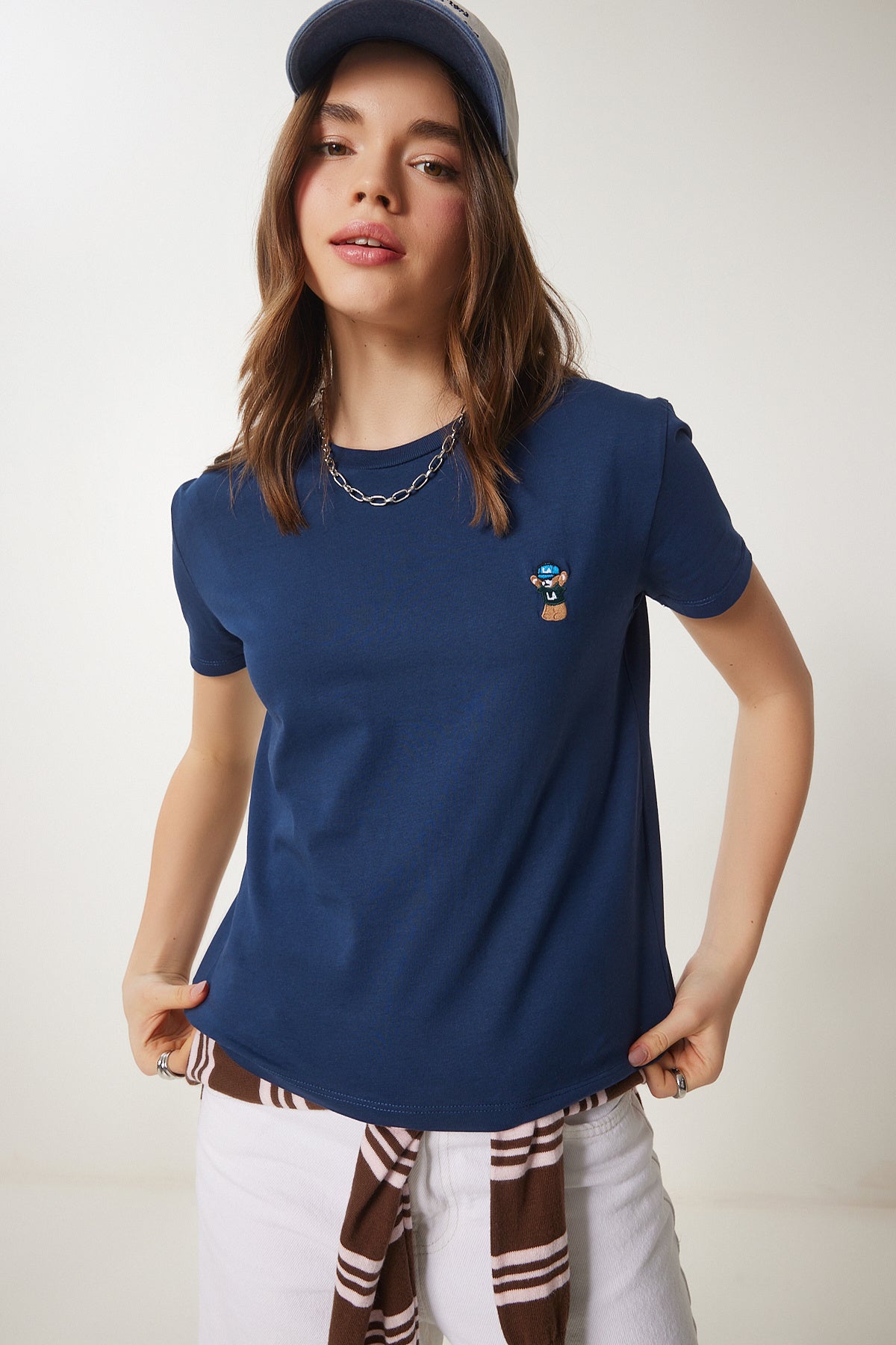 Lacivert Ayıcık İşlemeli Pamuklu Örme T-Shirt CR00455
