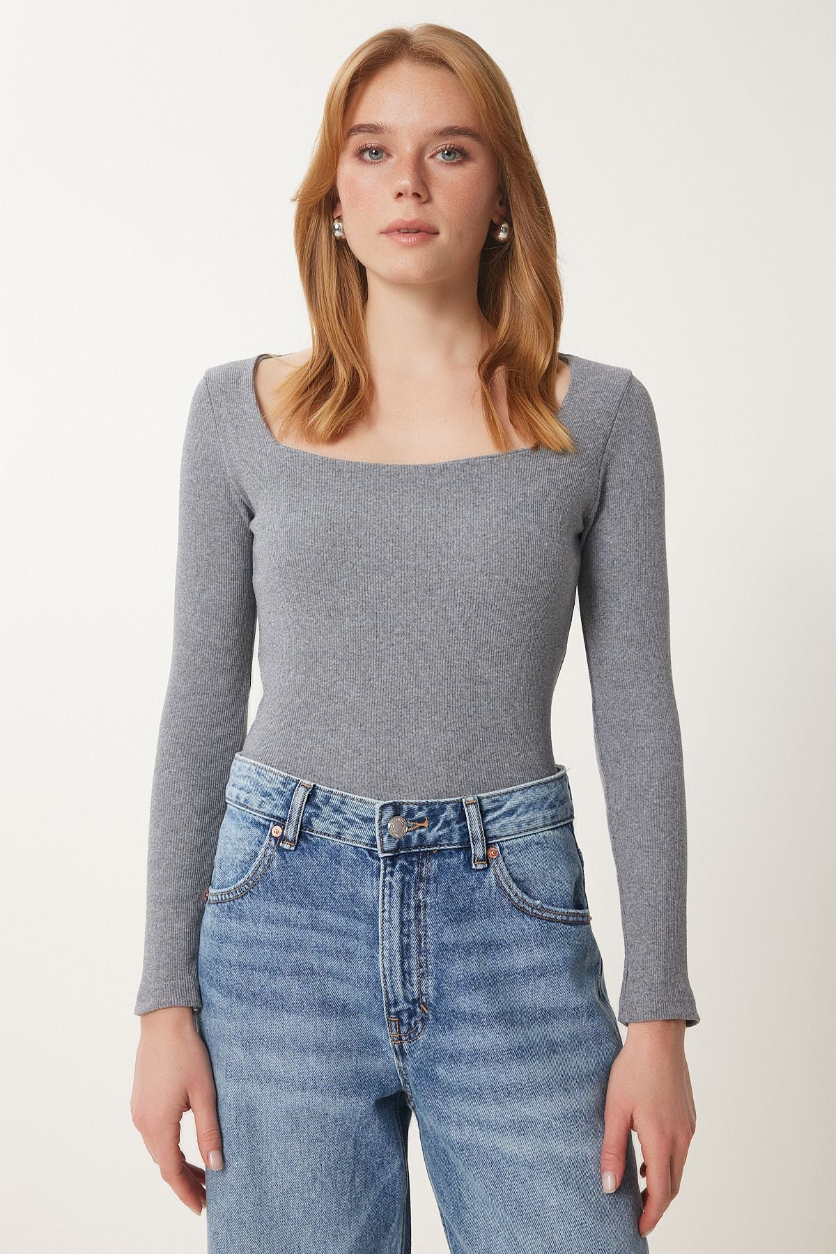 Gri Kare Yaka Fitilli Örme Bluz GT00052