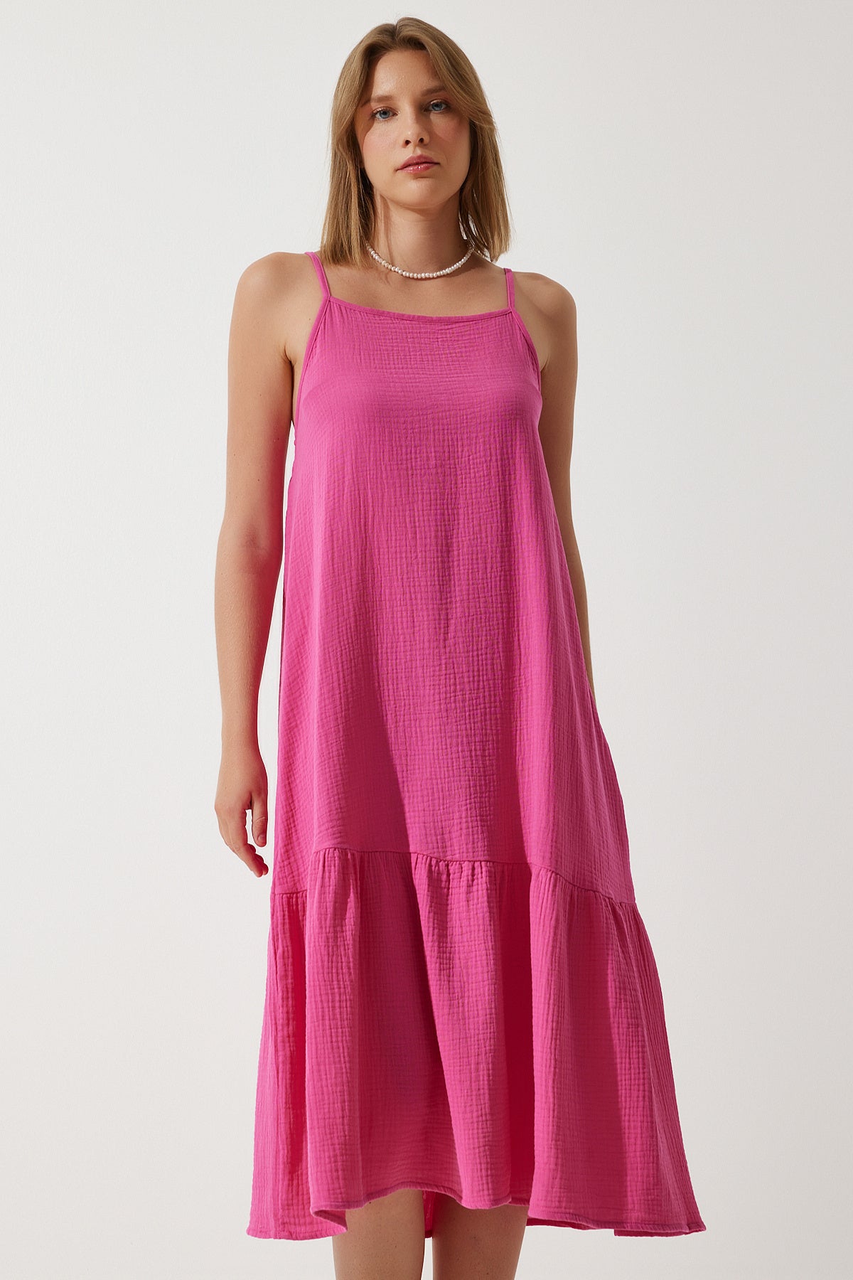 Koyu Pembe Askılı Yazlık Bol Müslin Elbise BP00163