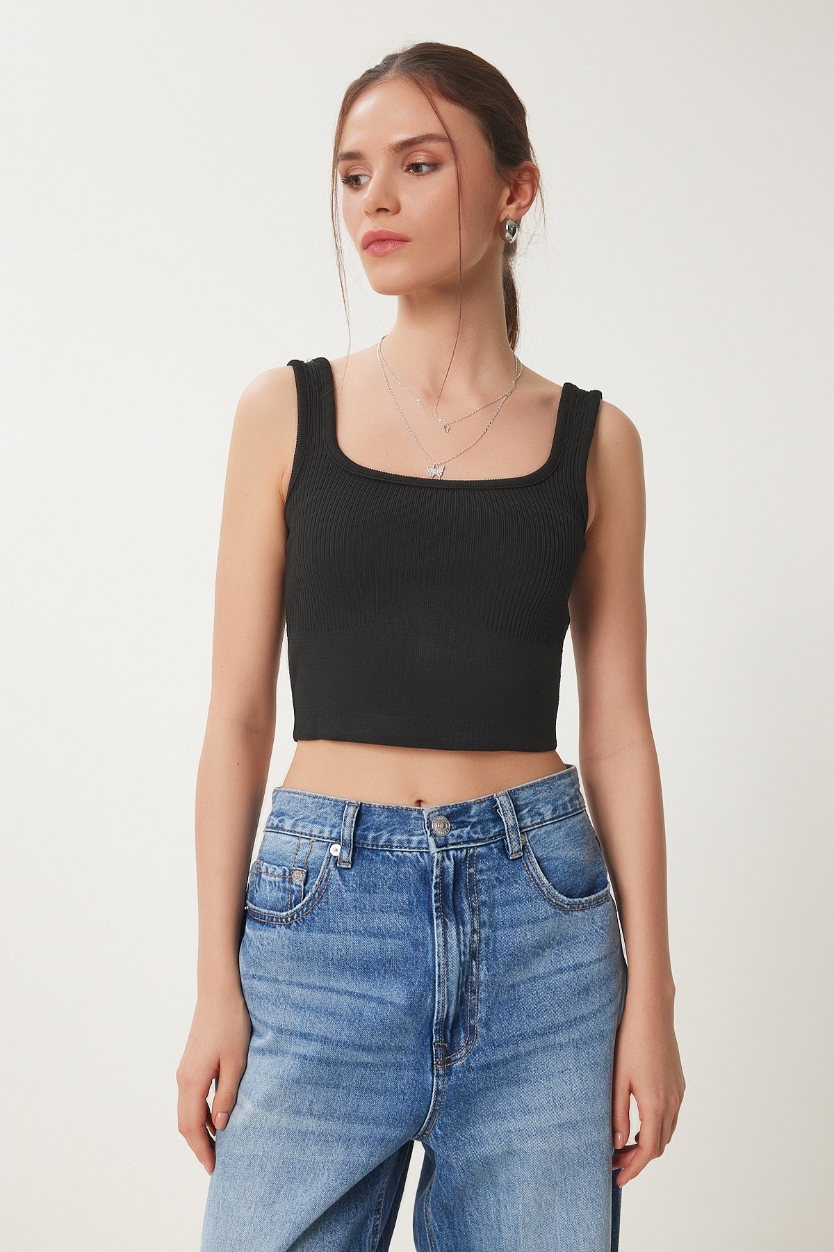 Siyah Beyaz 2'li Paket Fitilli Crop Triko Bluz GA00006