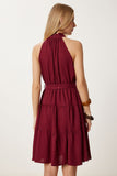 Bordo Halter Yaka Volanlı Viskon Elbise AN00254