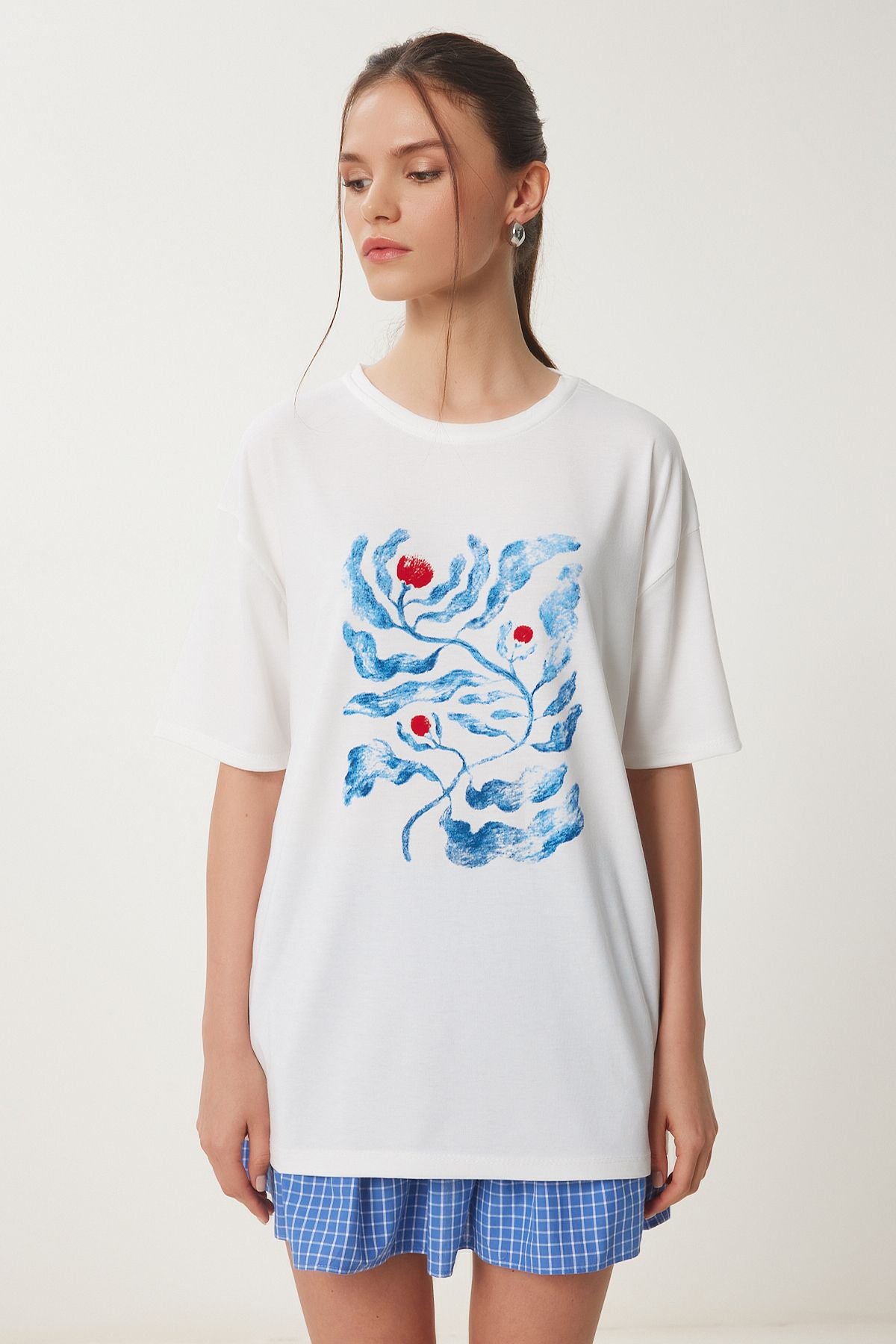 Ekru Baskılı Oversize Örme T-Shirt ZV00292