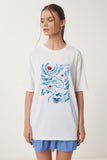 Ekru Baskılı Oversize Örme T-Shirt ZV00292