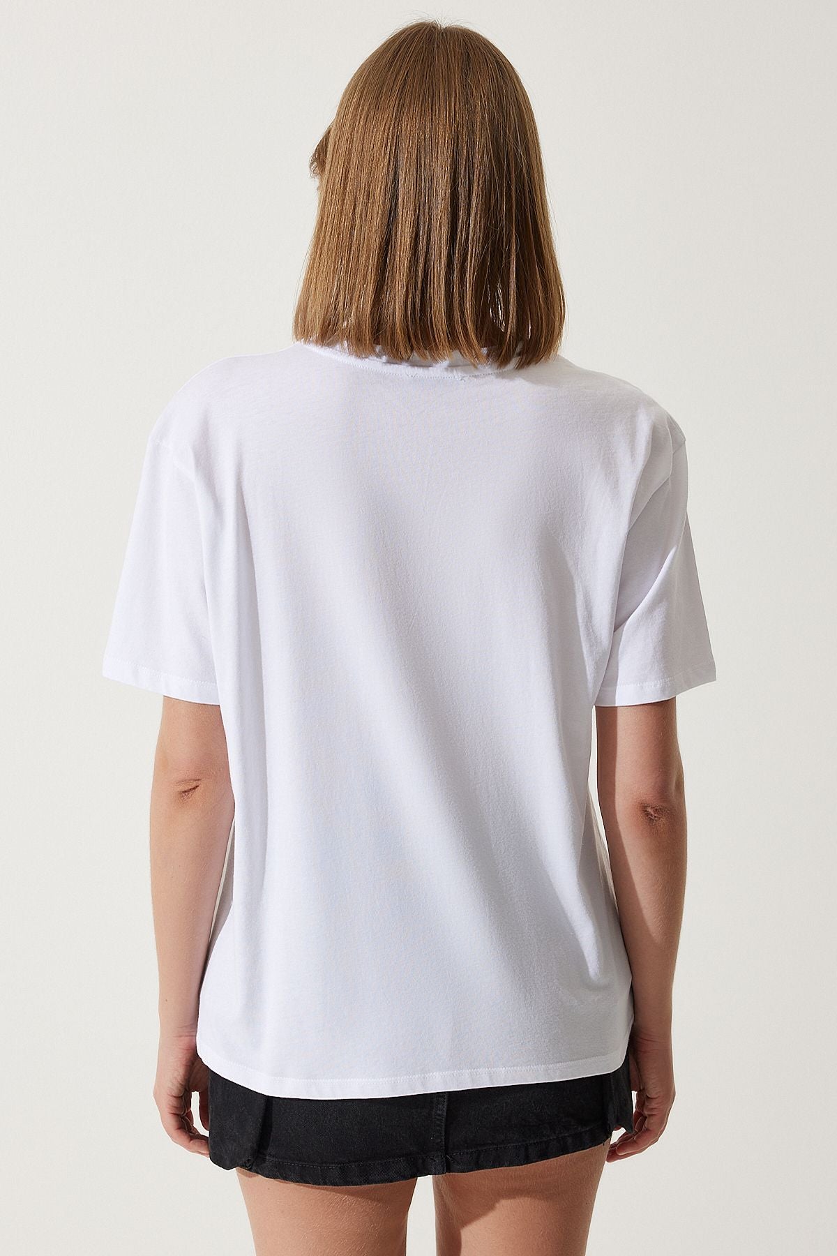 Beyaz Baskılı Oversize Örme T-Shirt WO00039