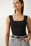 Siyah Kare Yaka Triko Crop Bluz US00358