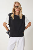 Siyah Kontrast Renkli Pamuklu Örme T-Shirt CR00459