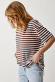 Kahverengi Bisiklet Yaka Çizgili Oversize Örme T-Shirt EN00609