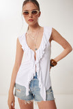 Beyaz Fırfırlı Transparan Örme Bluz UB00380