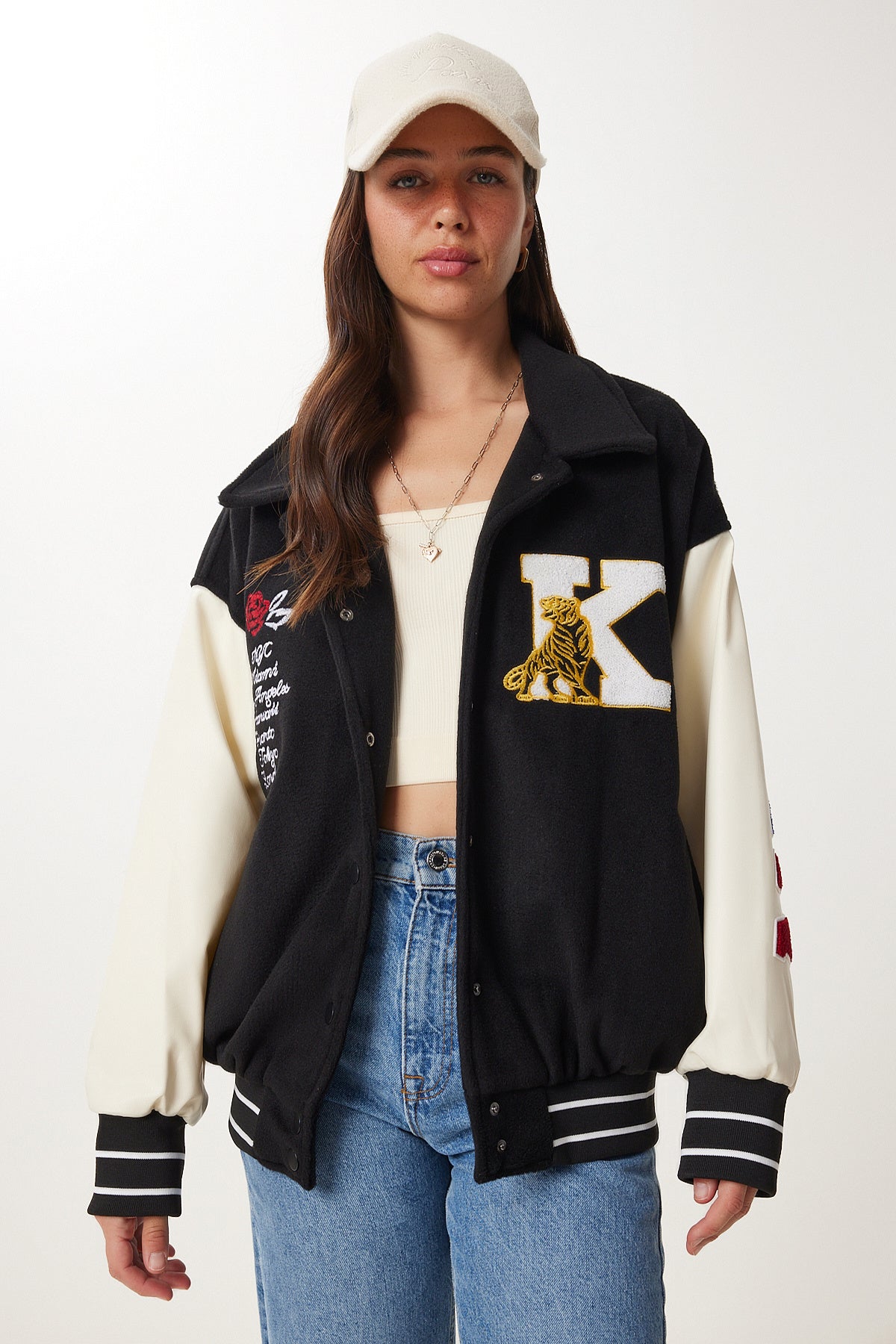 Siyah Sloganlı Oversize Kaşe Kolej Ceket RG00079