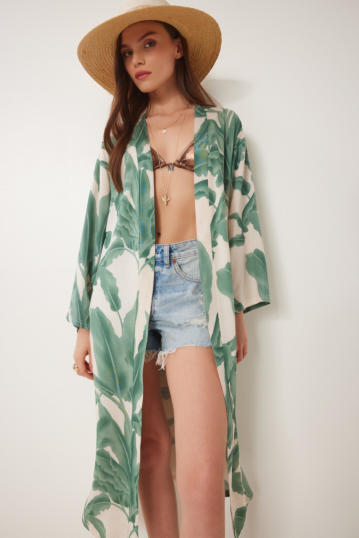 Çağla Yeşili Krem Desenli Kuşaklı Dokuma Kimono JE00001