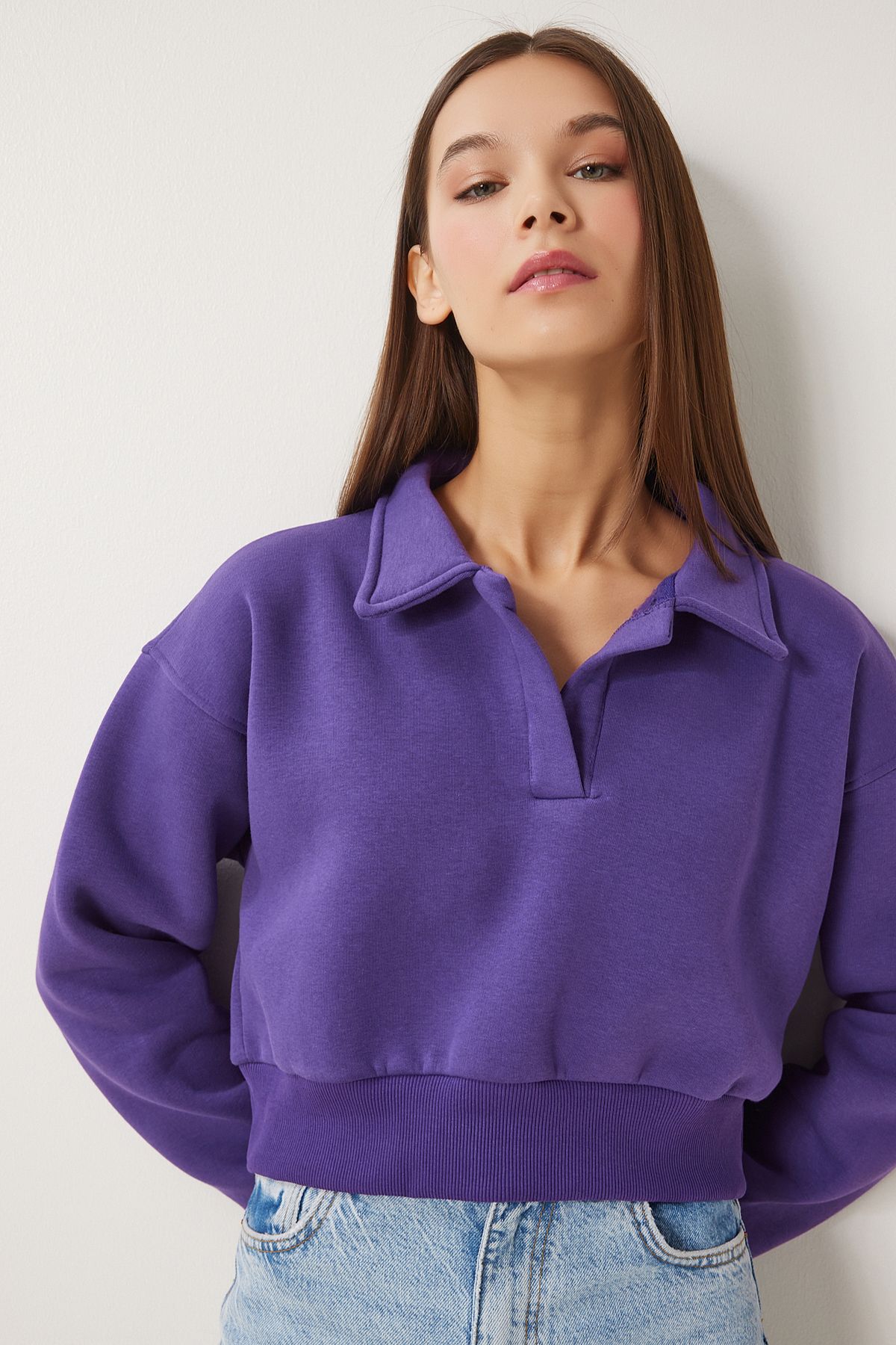 Mor Polo Yaka Şardonlu Crop Örme Sweatshirt HW00014