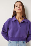 Mor Polo Yaka Şardonlu Crop Örme Sweatshirt HW00014