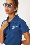 Lacivert Polo Yaka Baskılı Crop Örme T-Shirt AN00205