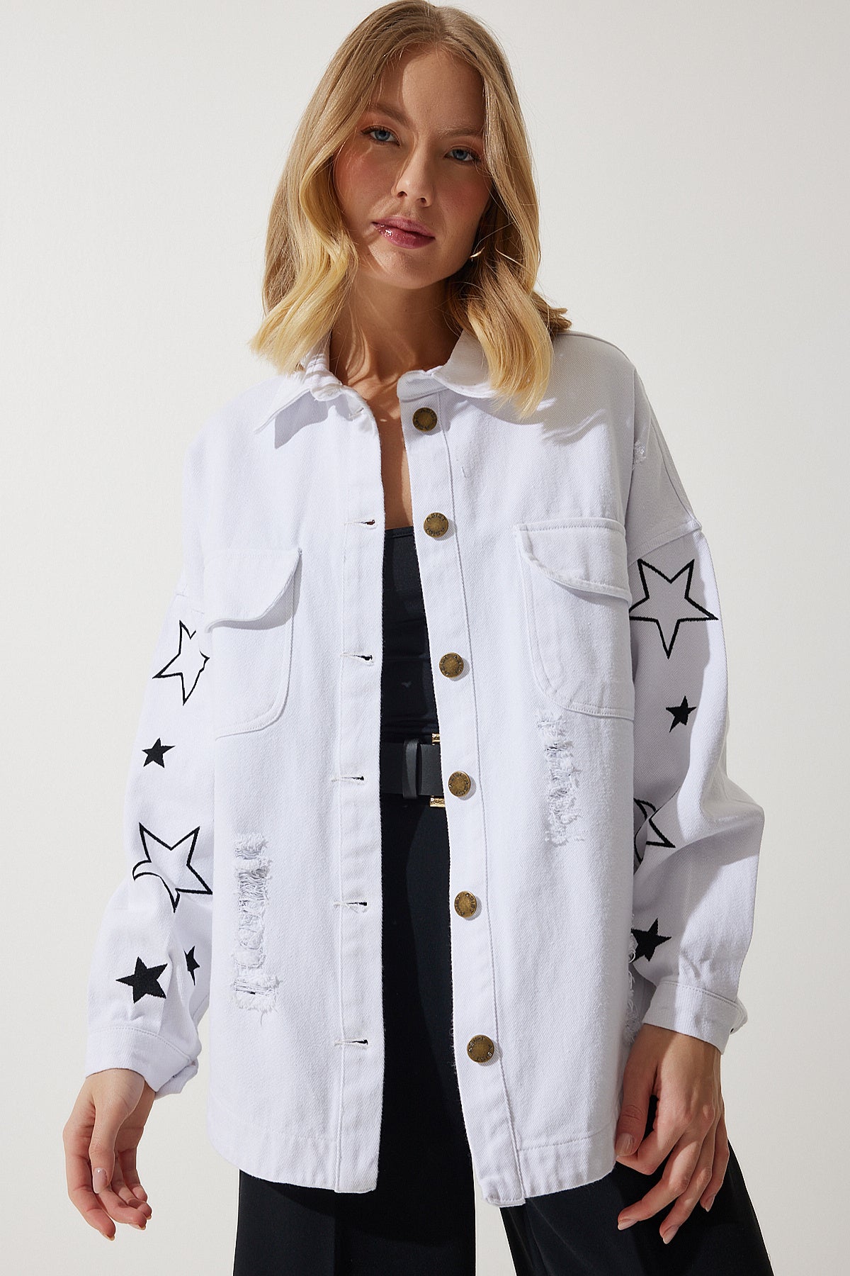 Beyaz Yıldız Nakışlı Oversize Gömlek Ceket SA00026
