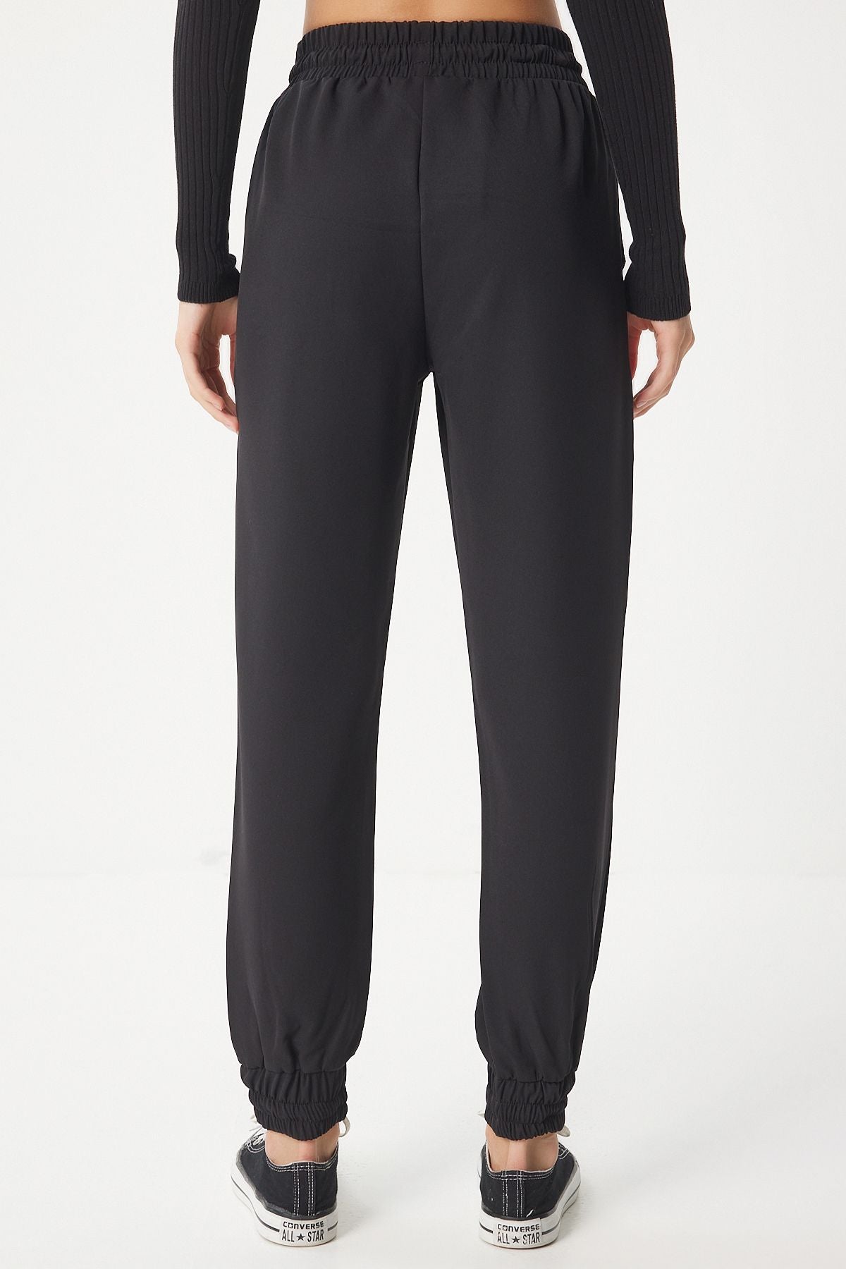 Siyah Kordon Kemerli Dokuma Jogger Eşofman Pantolon DD01341