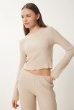 Bej Yumoş Crop Bol Pantolon Örme Takım AN00222