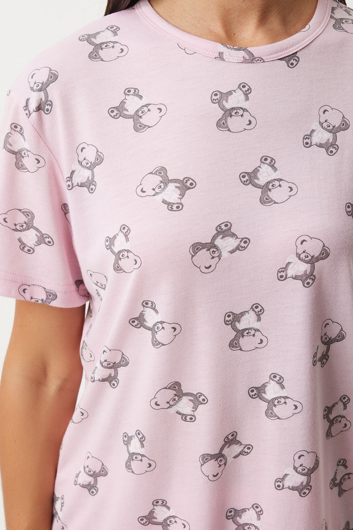 Açık Pembe Desenli Viskon Şort T-Shirt Pijama Takımı EC00045