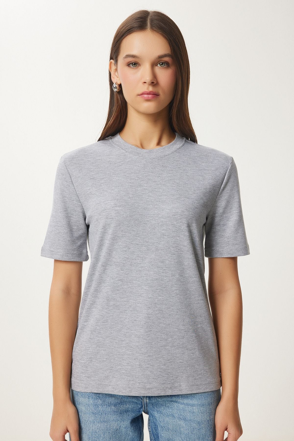 Gri Melanj Pamuklu Basic Örme T-Shirt AG00001